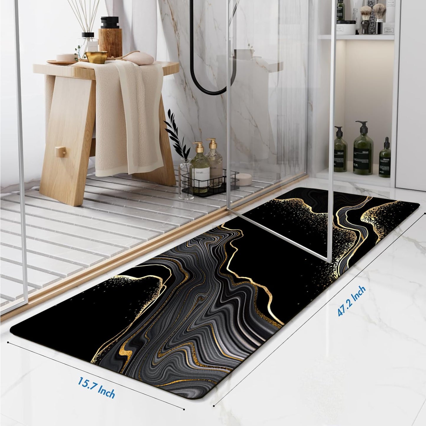 Azppsad Extra Long Bath Rug, Black and Gold Marble Decor Non Slip Bath Runner Rug with Rubber Backing, Thin Absorbent Quick Dry Bath Mats for Bathtub Bathroom Kitchen, 15.7x47.2 inch