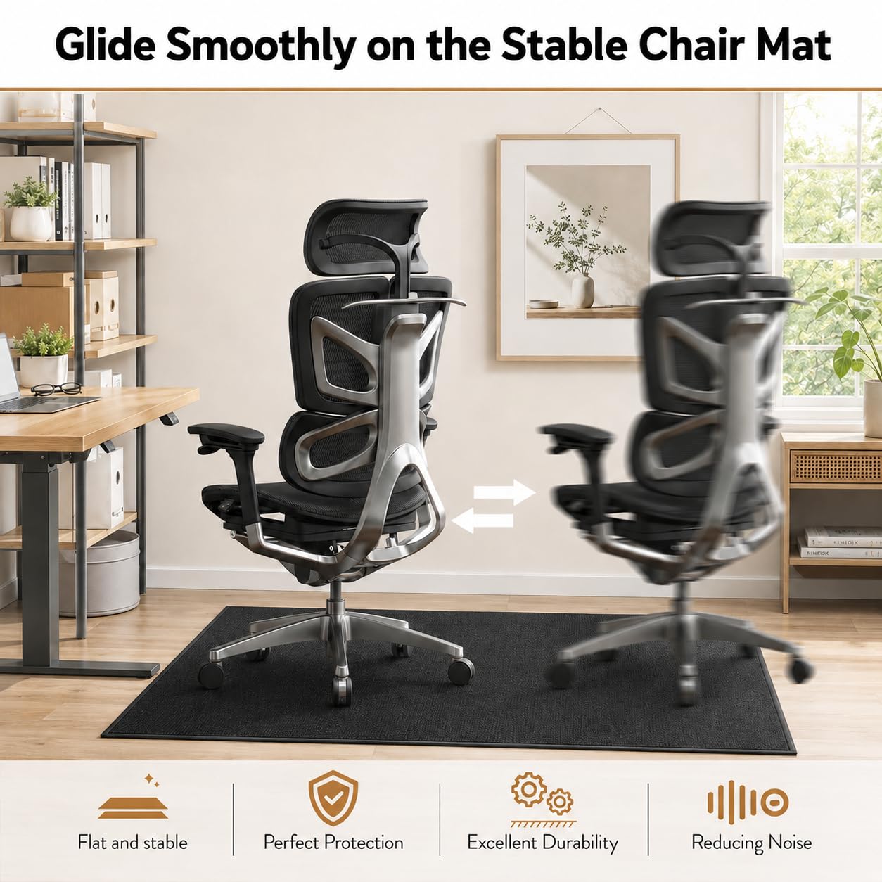Office Chair Mat for Hardwood Floors, 48 x 35.5 in Non-Slip Desk Chair Mat for Rolling Chairs, Low Pile Under Desk Rug Floor Protector for Wood, Tile & Laminate Floors, Black