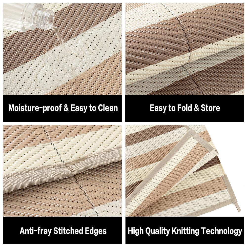 PureCozy Outdoor Waterproof Patio Rug 5x8 Plastic Straw Reversible Outside Beige Striped Carpet Lightweight Large Rug for Camping RV Porch Deck Balcony Beach