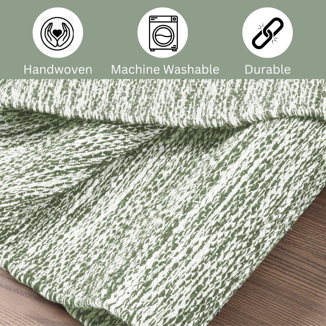 CottonCove Hand Woven Area Rug 4x6 Feet - Rustic Farmhouse Bohemian Accent Rug for Living Room Bedroom Kitchen Entryway Floor Mats - Ideal for High Traffic Areas 100% Cotton Rag Rug Green