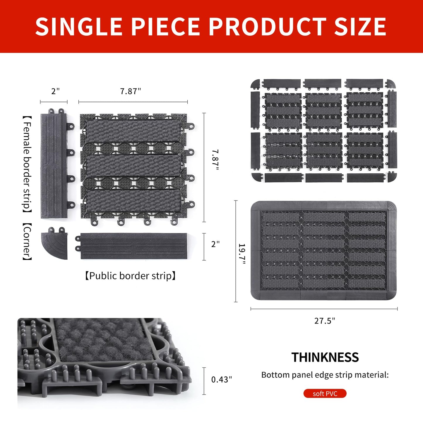 Linoows Heavy Duty Door Mat - DIY Interlocking Design, Dirt Trapper Front Doormat, 35.4x19.7 Inch All-Season Welcome Door Mats Non-Slip for Indoor Outdoor Entrance Home Commercial, Gray