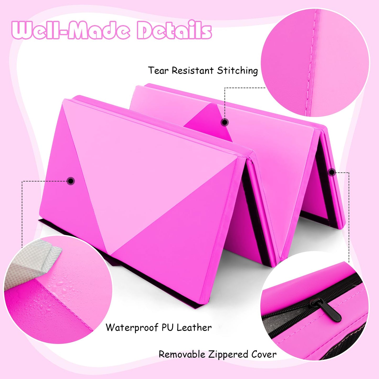 Goplus 8' x 4' x 2" Gymnastics Mat, Folding Tumbling Mat with Carry Handles, Hook & Loop Fasteners, 4 Panels for Fitness Exercise Yoga Stretching Aerobics Workouts, Thick Gym Mats for Home (Pink&Rose)