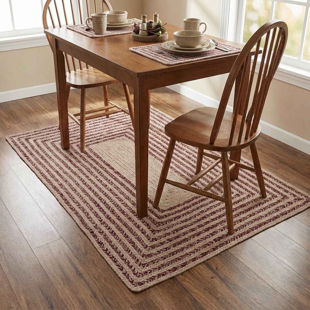 Cotton Braided Rug - 3' X 5' Beige and Burgundy Rectangle Woven Farmhouse Rug for Kitchen - Braided Minimalist Rugs for Entryway - Rustic Primitive Rugs for Bedside