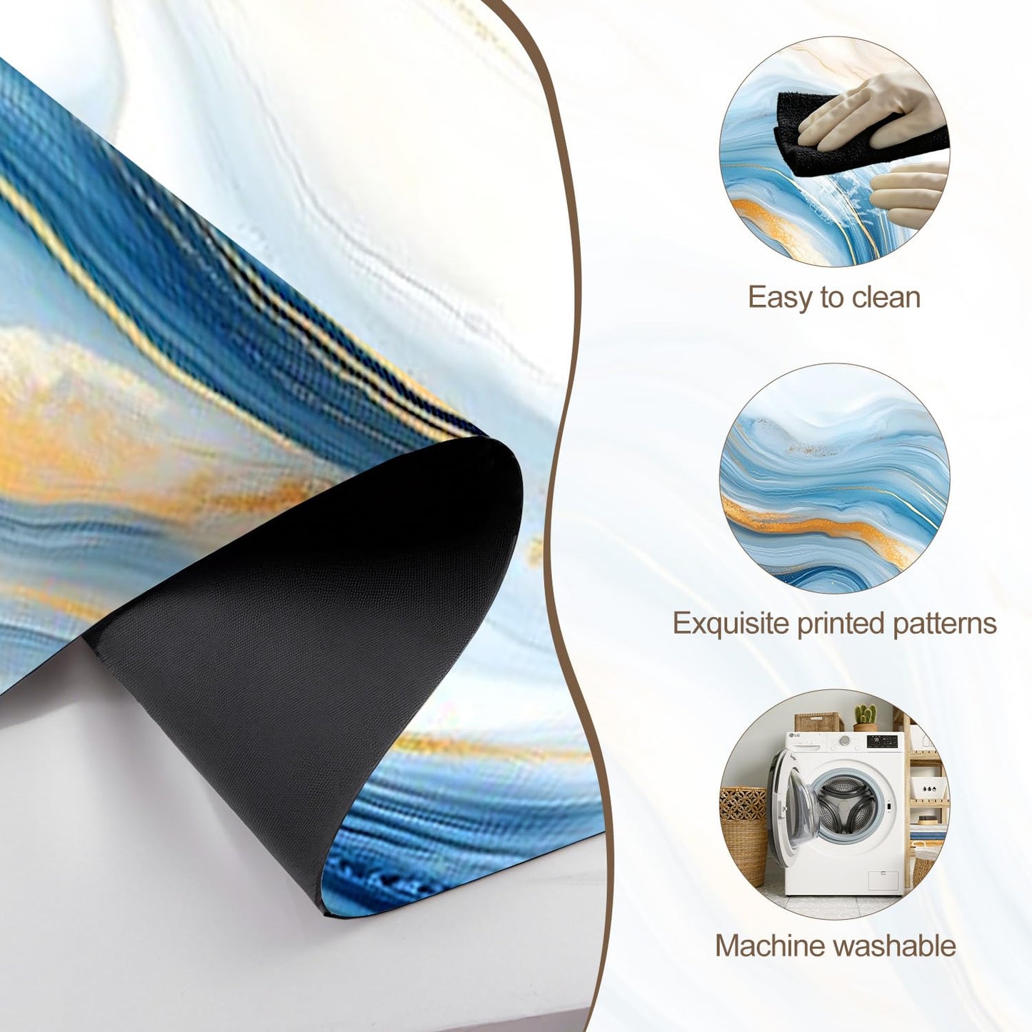 Needa One Kitchen Mat 19.7 x 47.2 Inch Non Slip Kitchen Runner Rug Blue Gold Marble Long Floor Mat for Sink Laundry Hallway Decor