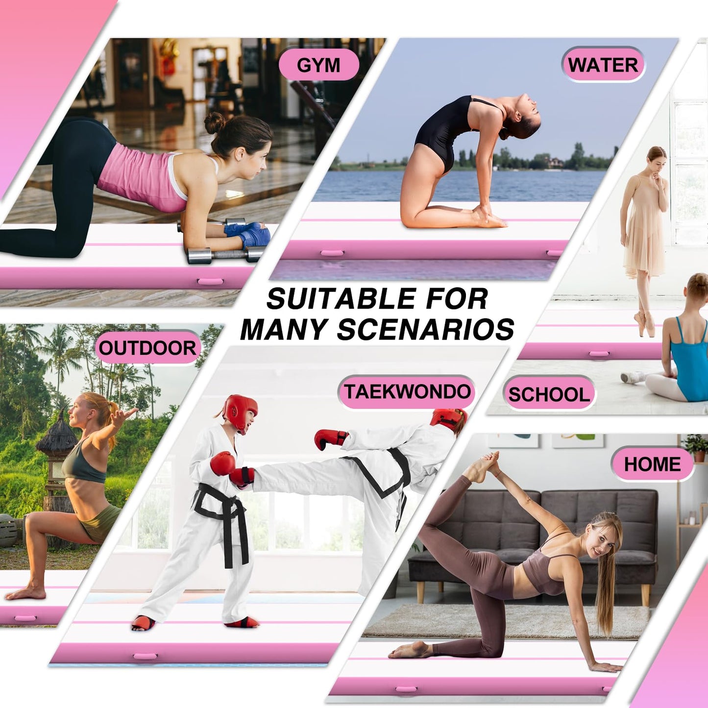 Air Gymnastics Tumbling Mat, 6.6ft/10ft/13ft/16ft/20ft Inflatable Track Mat for Home/Outdoor Training, 4 inch Thick Gym Mat with Electric Pump for Kids & Adults - Pink