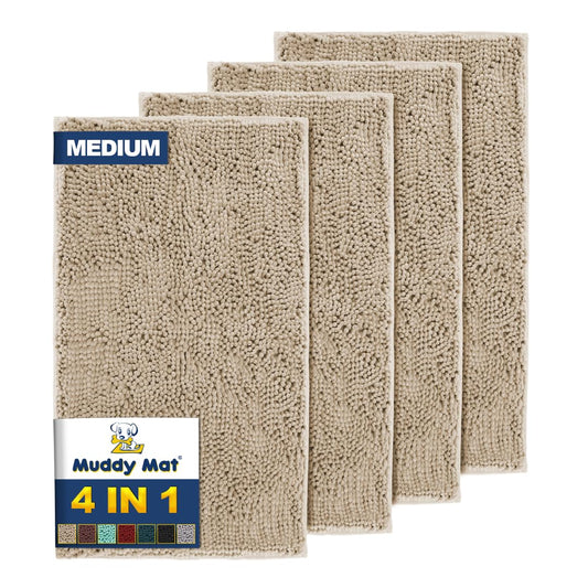 Muddy Mat® 4-Piece Beige Medium 30"X19" AS-SEEN-ON-TV Highly Absorbent Microfiber Door Mat, Bath Mat and Pet Rug, Non slip Thick Washable, Soft Chenille for Kitchen Bathroom Bedroom Indoor and Outdoor