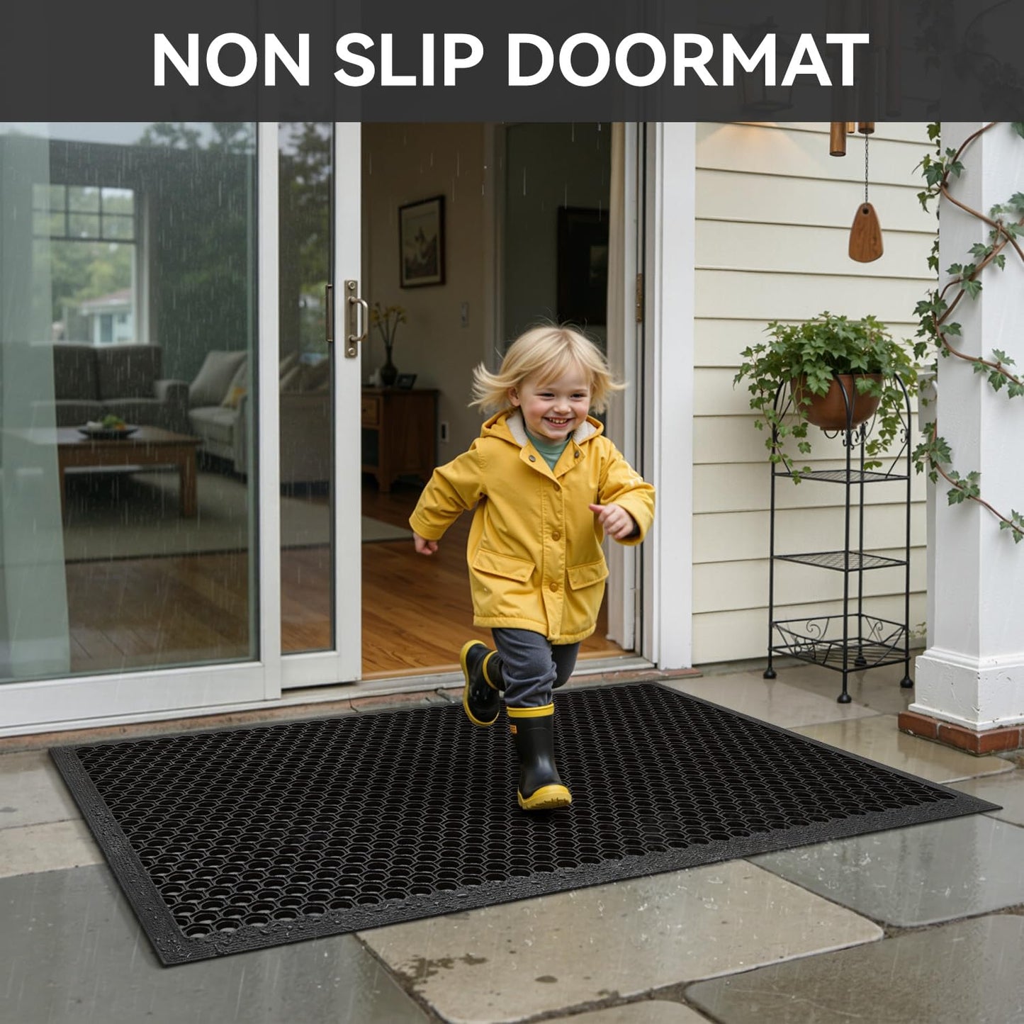 RESARE Front Door-Mat Outside Entrance, 17"x30" Rubber Doormat Non Slip Waterproof, All Weather Welcome Matt-Outdoor Dirt Trapper Mud Mat Heavy Duty Door-Mats for Garage, Entryway (Black)