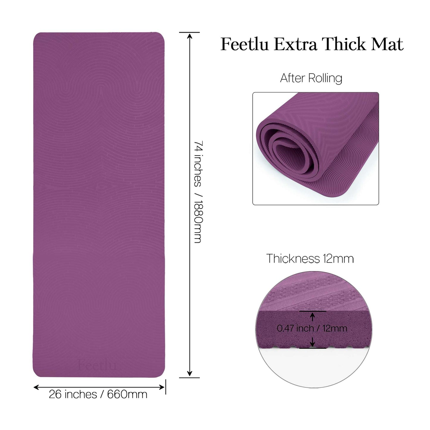 Feetlu Extra Thick 12mm Exercise Mat – 74"L x 26"W Inch, Non-Slip, Joint-Friendly & Cushioned Fitness Mat for Yoga, Pilates & Floor Workouts – Durable, Supportive & Includes Feetlu Classic Strap (Purple)