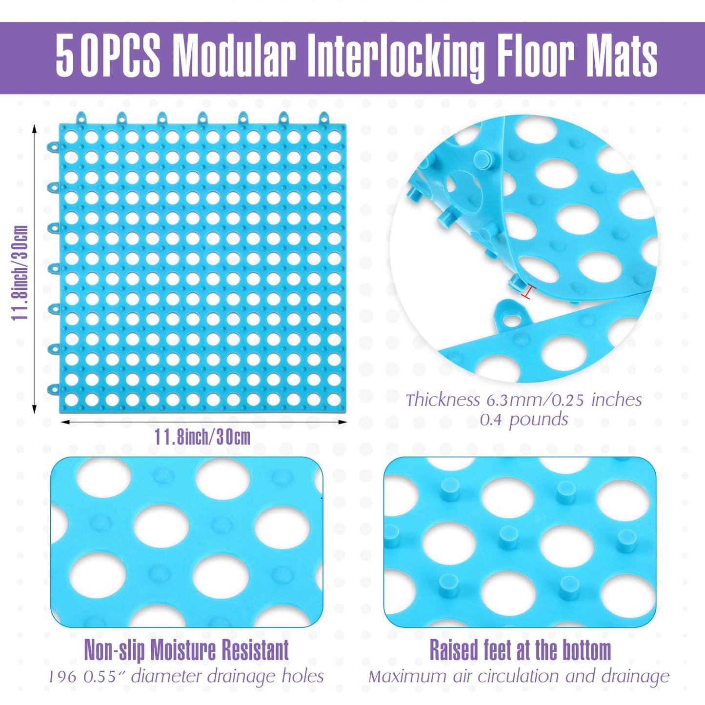 Tinideya 50 Pcs Drainage Mats 11.8'' x 11.8'' Modular Interlocking Floor Drainage Tiles Splicing Pool Floor Mat, Non Slip TPE Soft for Outdoor Deck Greenhouse Shower Bathroom Pool(Sky Blue)