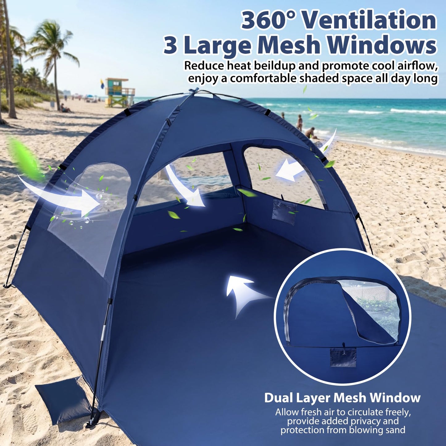 Beach Tent Sun Shelter- with 114 x 82” Extended Mat for 3-6 Person,UPF 50+ UV Protection,Easy Setup Beach Shade Canopy,Portable Camping Sun Shelters with 3 Mesh Window for Family Picnics Fishing