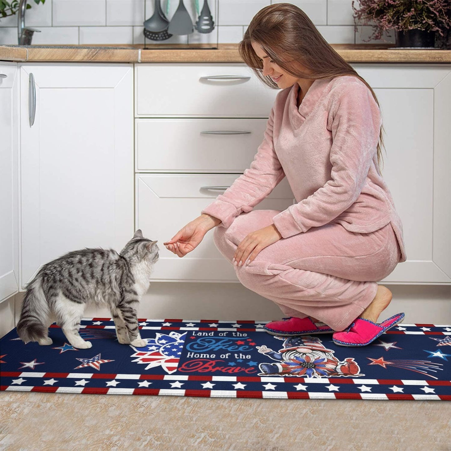 American Patriotic Farmhouse Kitchen Rugs Sets of 2,4th of July Memorial Day Independence Day Mats for Floor,Liberty Freedom Non Slip Holiday Decor Mat for Sink, Laundry, Office 17"x 47"+17"x 30"