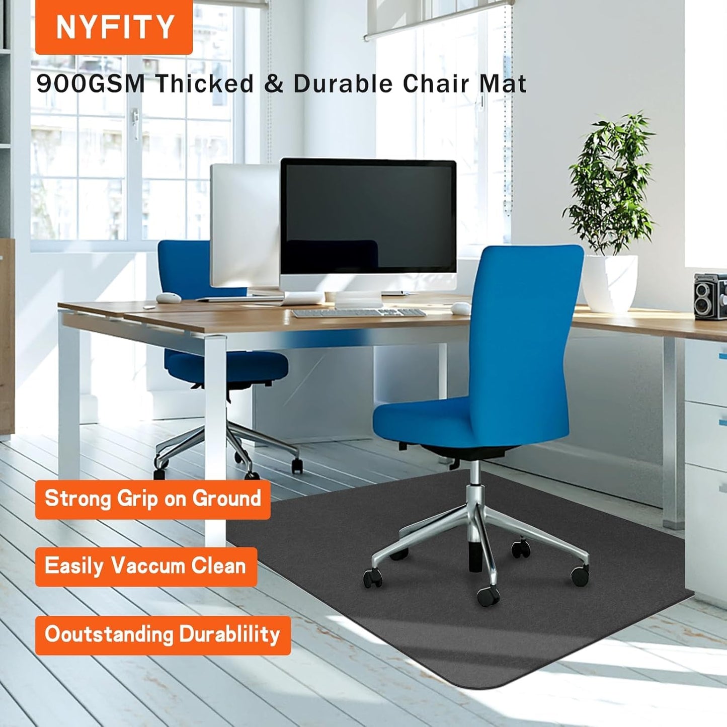 NYFITY Office Chair Mat for Hard Floors, Slip Resistant Heavy Duty Under Desk Chair Mat for Hardwood Floor, 30"x55" Inch, Black