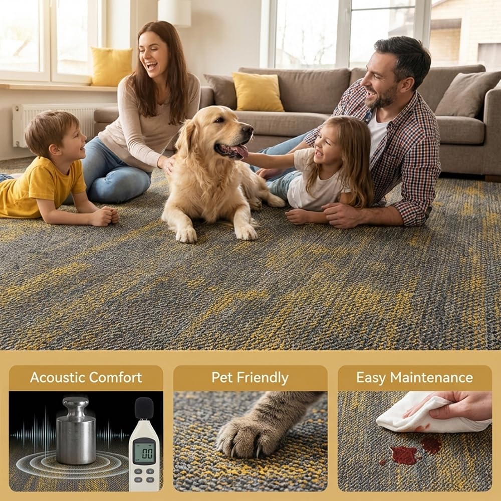 24 Carpets 20x20 inch Square Carpet Tiles, Reusable, Non Slip, Seamless Tiles, Suitable for Indoor and Outdoor use in bedrooms, Living Rooms, Offices, etc., Easy to DIY(Yellow Brown Stone pattern-02)