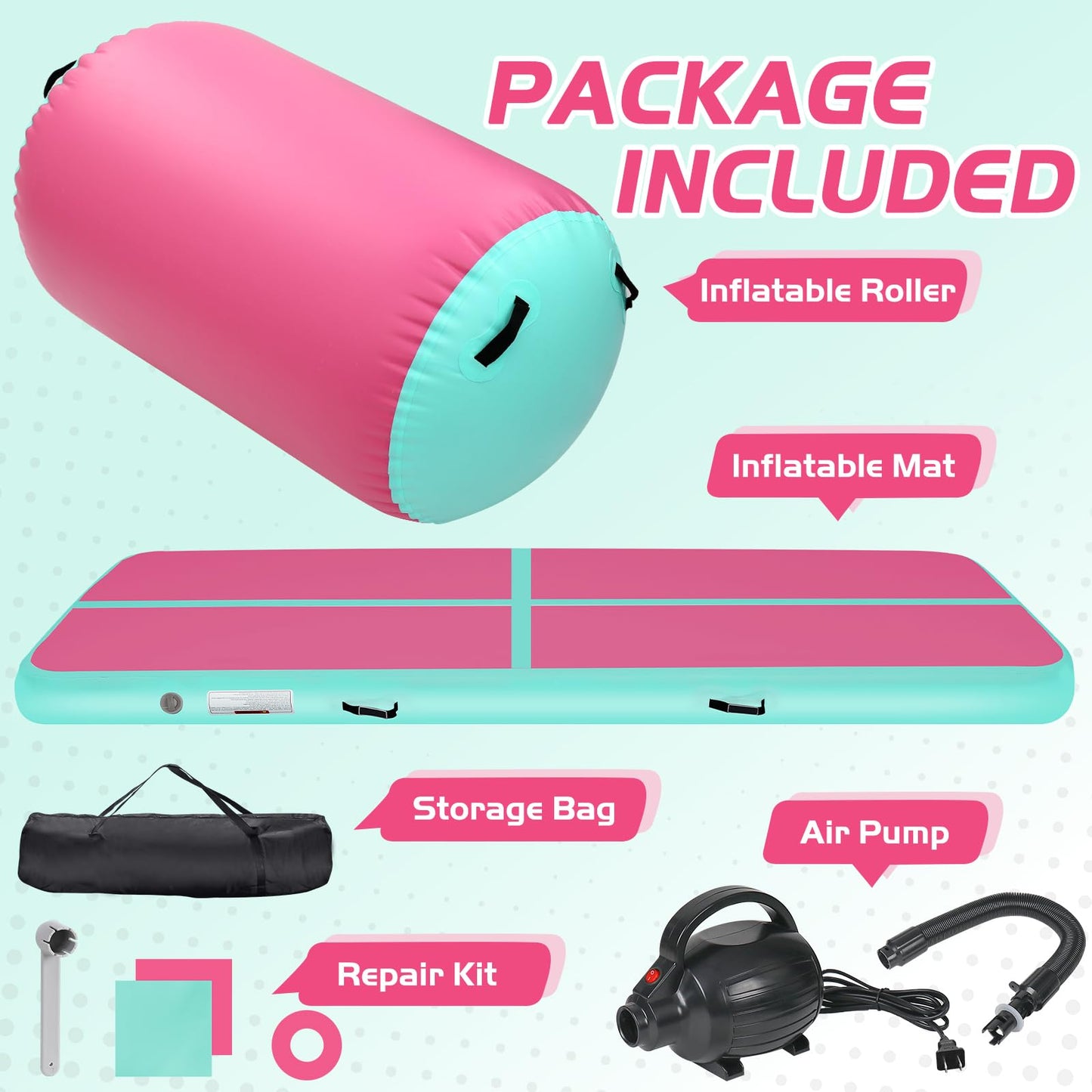 KIKILIVE Inflatable Gymnastics Tumble Mat 10ft and Air Roller 40x23inch Pink Green, Air Mat Track 4 inches Thickness and Air Roller Gymnastics Barrel with Electric Air Pump for Home Use Outdoor Training Cheerleading Beach Park