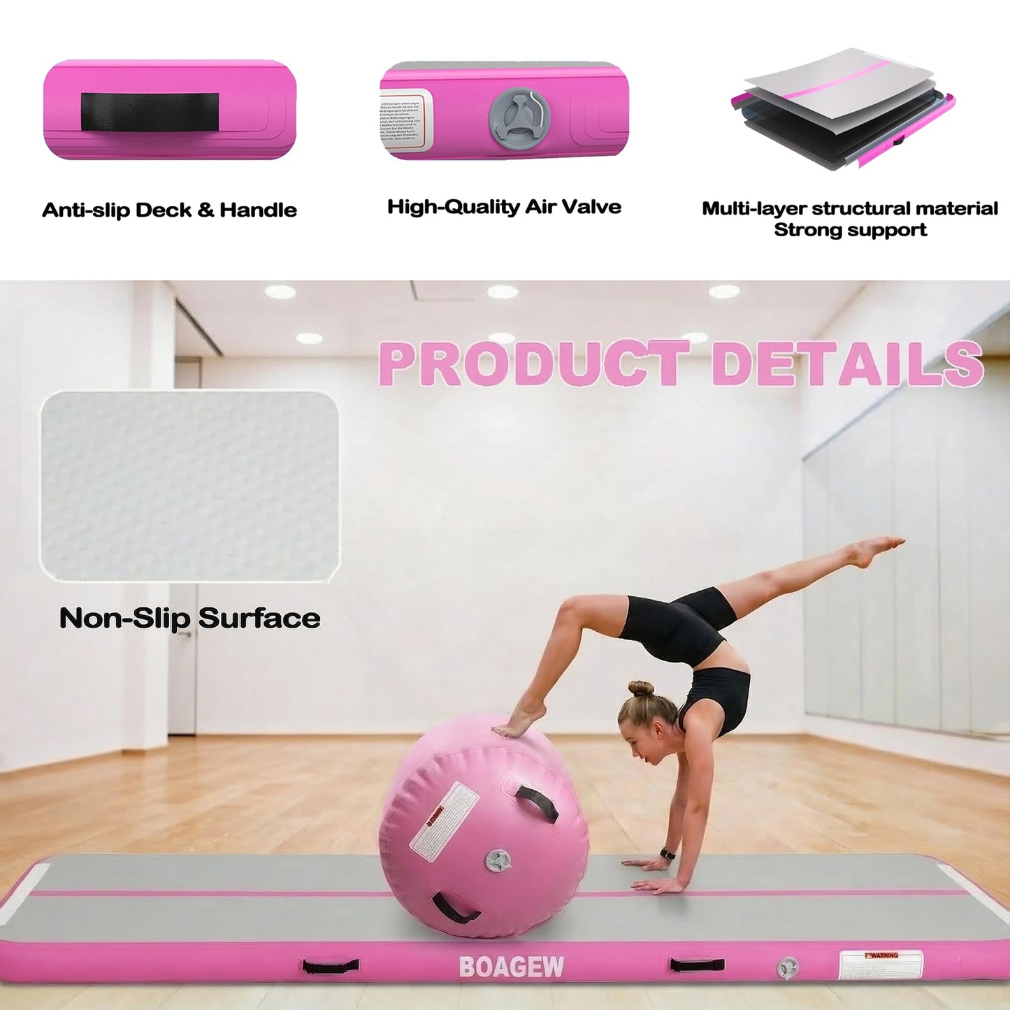 BOAGEW Gymnastics Mat with Air Roller,Inflatable Air Track Tumbling Mat for Home Gym Training, Tumble Track for Cheerleading/Gym/Training/Yoga/Beach/Water/Park Outdoor Use with Electric Air Pump ﻿