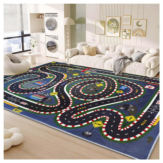JUFORHQC Kids Rug,Children's Room Rug,Road Race Play Rugs, Rail City Living Rugs, Washable Non-Slip Play Mats. (Dark Blue, 31x47in)