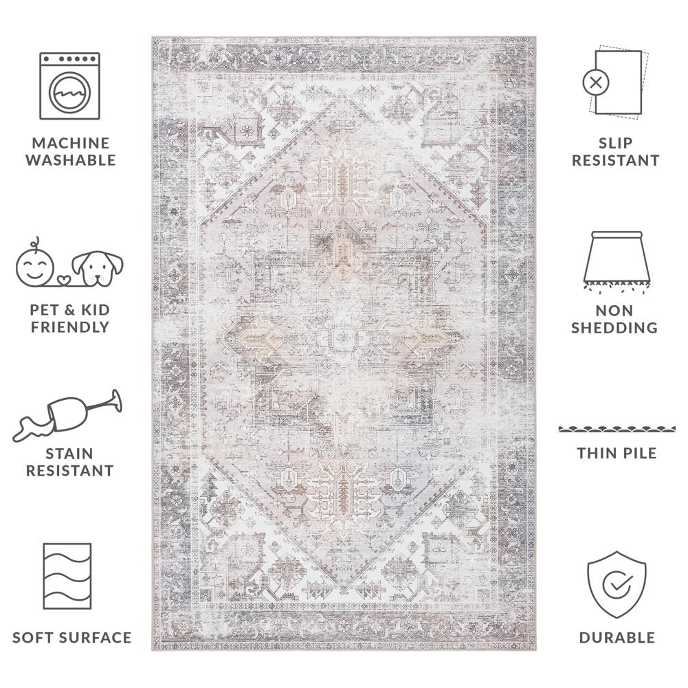 SAFAVIEH Washable Rug Tucson Collection - 2'6" x 4', Beige & Grey, Slip Resistant & Easy to Clean, Ideal for Living Room, Bedroom, Dining Space (TSN102B)