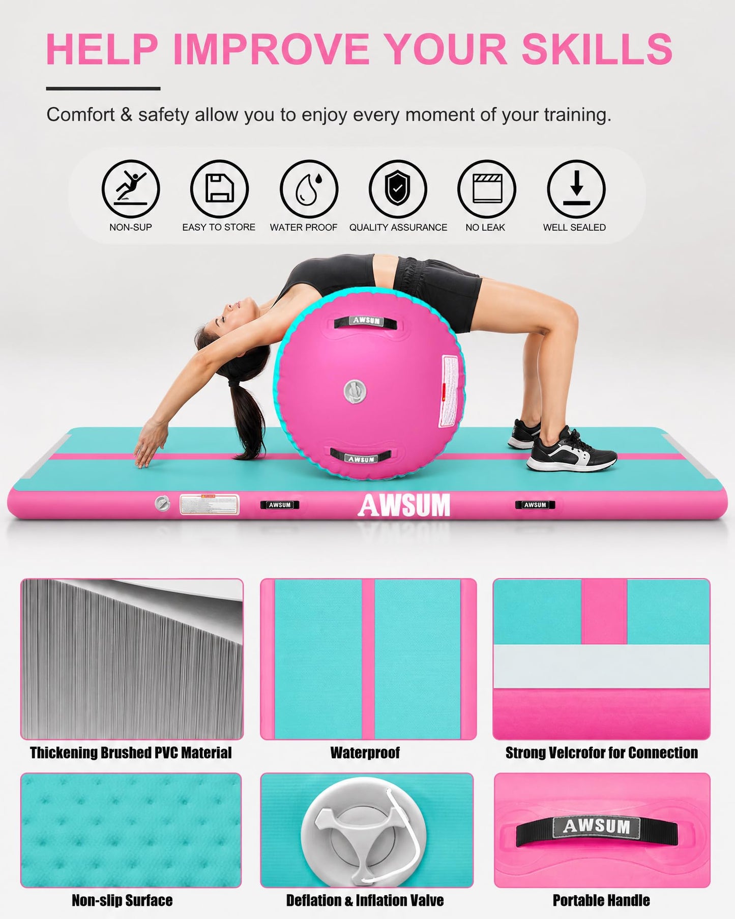 AWSUM Inflatable Gymnastics Mat with Air Barrel for Home Practice 10 FT