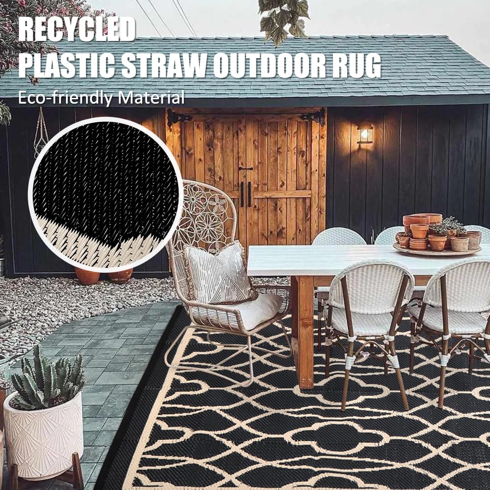 Pendolr 5’x8’ Outdoor Rug Waterproof Carpet Patio Rug Outdoor Plastic Straw Rugs Camping Rug Reversible Outside Outdoor Area Rug for Balcony Deck Backyard RV Picnic Beach Black&Beige 01#