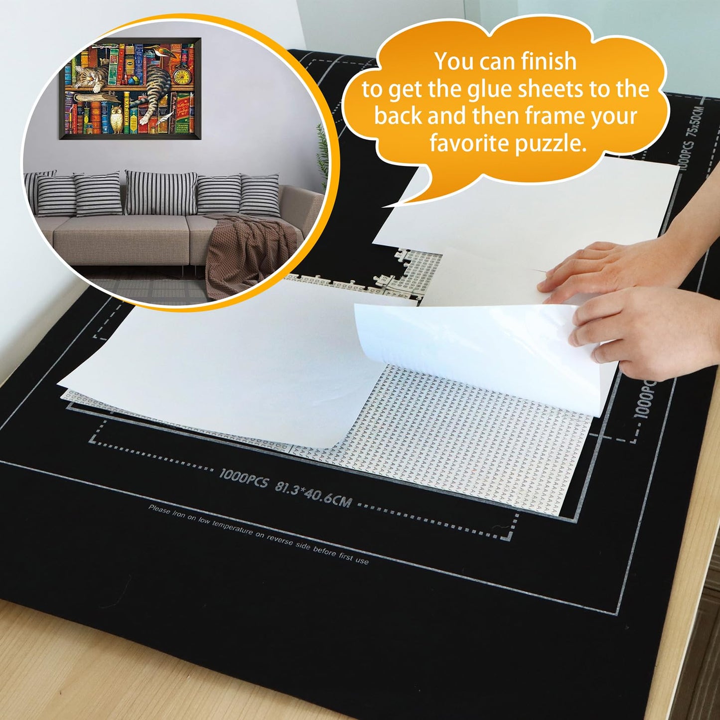 Portable Puzzle Mat Roll Up - with 9 Glue Sheets, Sorting Trays, Hand Pump, Inflatable Tube, and Storage Bag - Perfect for Kids and Adults (Black, 1500pcs)