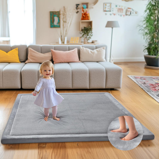 Mallify Ultra Soft 1.3" Thick Baby Play Mat for Floor, Large Velvet 50"x50" Playpen Mat for Babies, Toddlers, Infants, Kids, Baby-Safe & Non-Slip for Tummy Time and Crawling, Gray