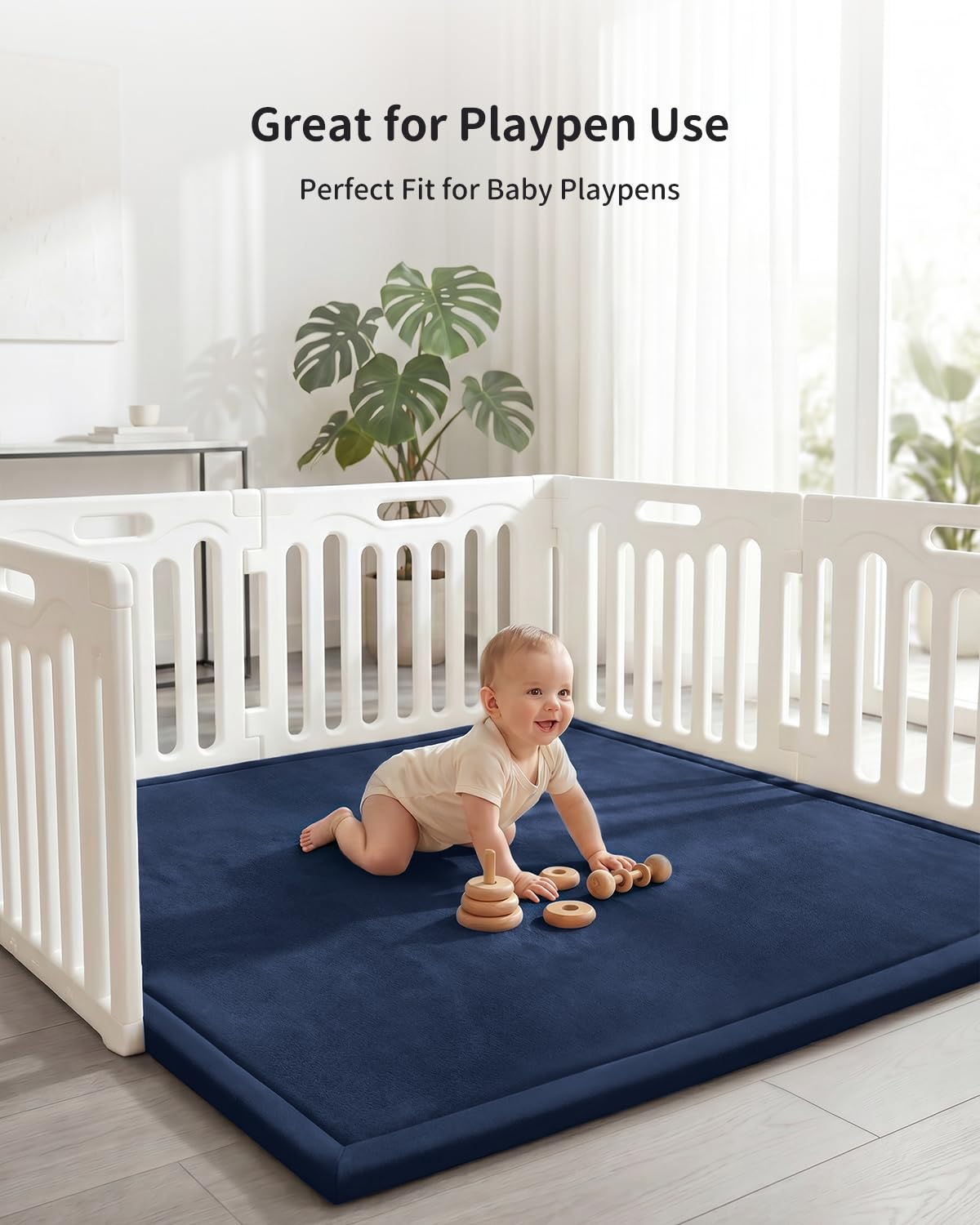 Goyuu Ultra Soft 1.3" Thick Baby Play Mat for Floor, 50x50 Playpen Mat Elasti-Foam Padded Crawling Mat for Babies, Toddlers, Infant, Kids, Non-Slip Backing Safe for Tummy Time, Dark Blue