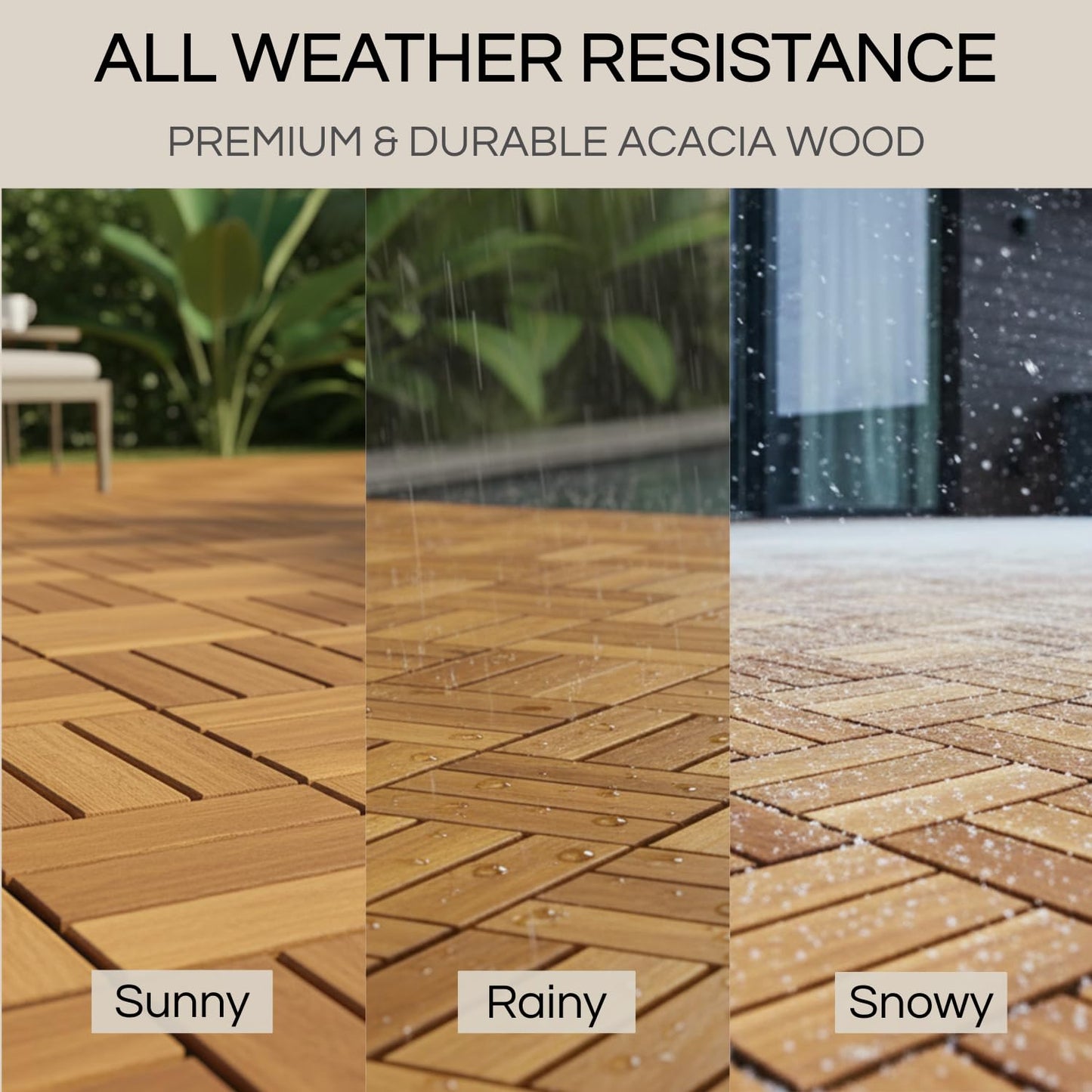 THYOI Premium Deck Tiles, Patio Flooring - Set 10 Pcs 12”x12”x0.9” Interlocking Deck Tiles, Waterproof Acacia Wood for Balcony, Backyard, Indoor & Outdoor (Golden Teak, Crossed Pattern, Square Joints)