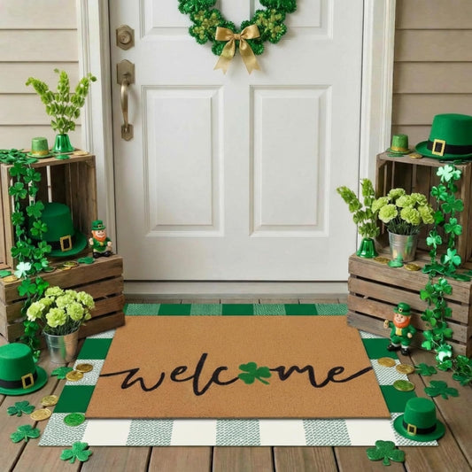 Drydiet 2 Pcs St Patrick's Day Layered Coir Doormat Set Lucky Shamrock Clover Welcome Front Door Mat with Green Checkered Outdoor Rug Non Slip Porch Entryway Rug for Indoor Outdoor Farmhouse Decor