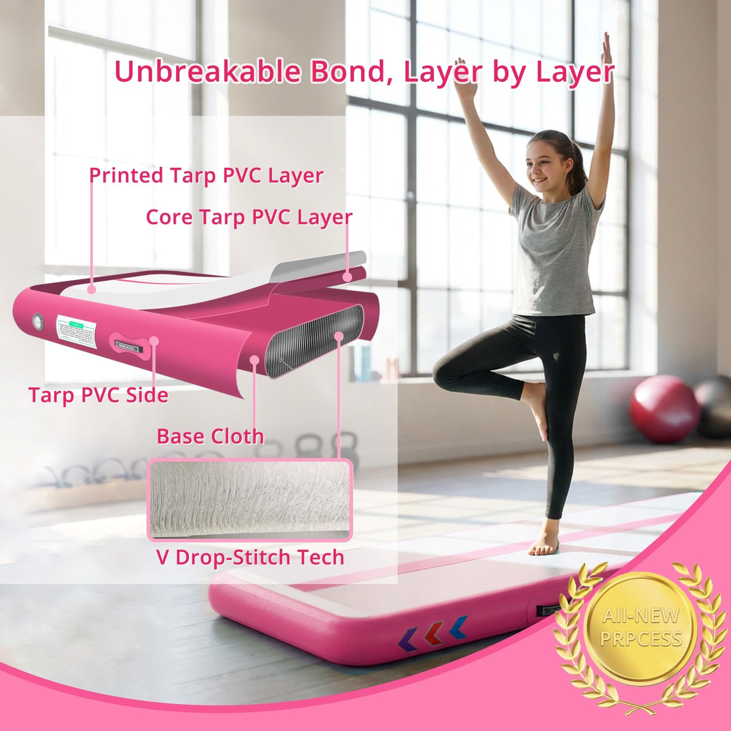 WELANDFUN Air Tumble Track Mat for Gymnastics | 4 / 6 / 8 inches Air Tumbling Mats, 6.56 / 10 / 13 / 16ft Inflatable Gymnastics Mat for Home Use, Training, Cheerleading, Water Yoga with Electric Air Pump (Pink, 10ft x 3.3ft x 6inch)