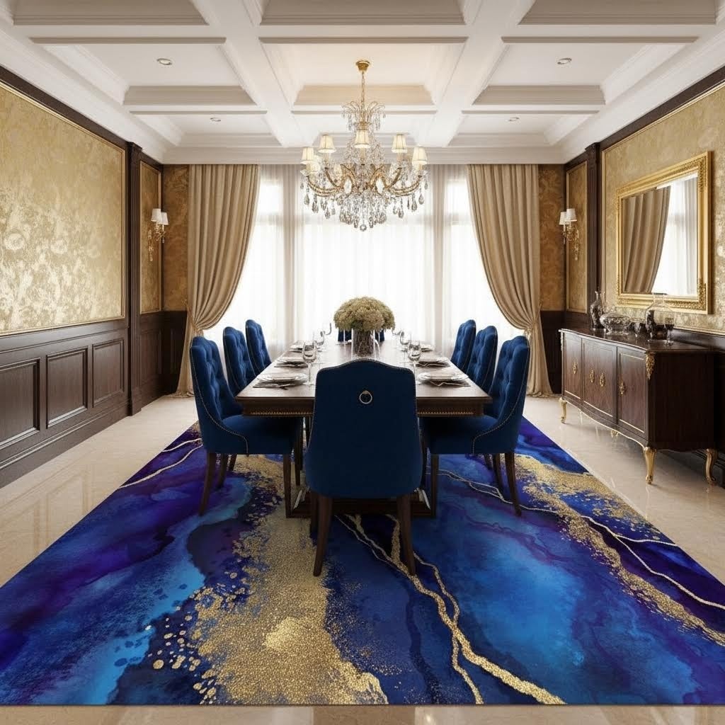 Royal Blue Gold Marble Texture Modern Abstract Area Rug for Living Room Bedroom Guestroom Faux Wool Washable Carpet Non Slip Under Dining Room Coffee Table Art Deco Floor Rug 4x6 Lux Office Dorm Mat