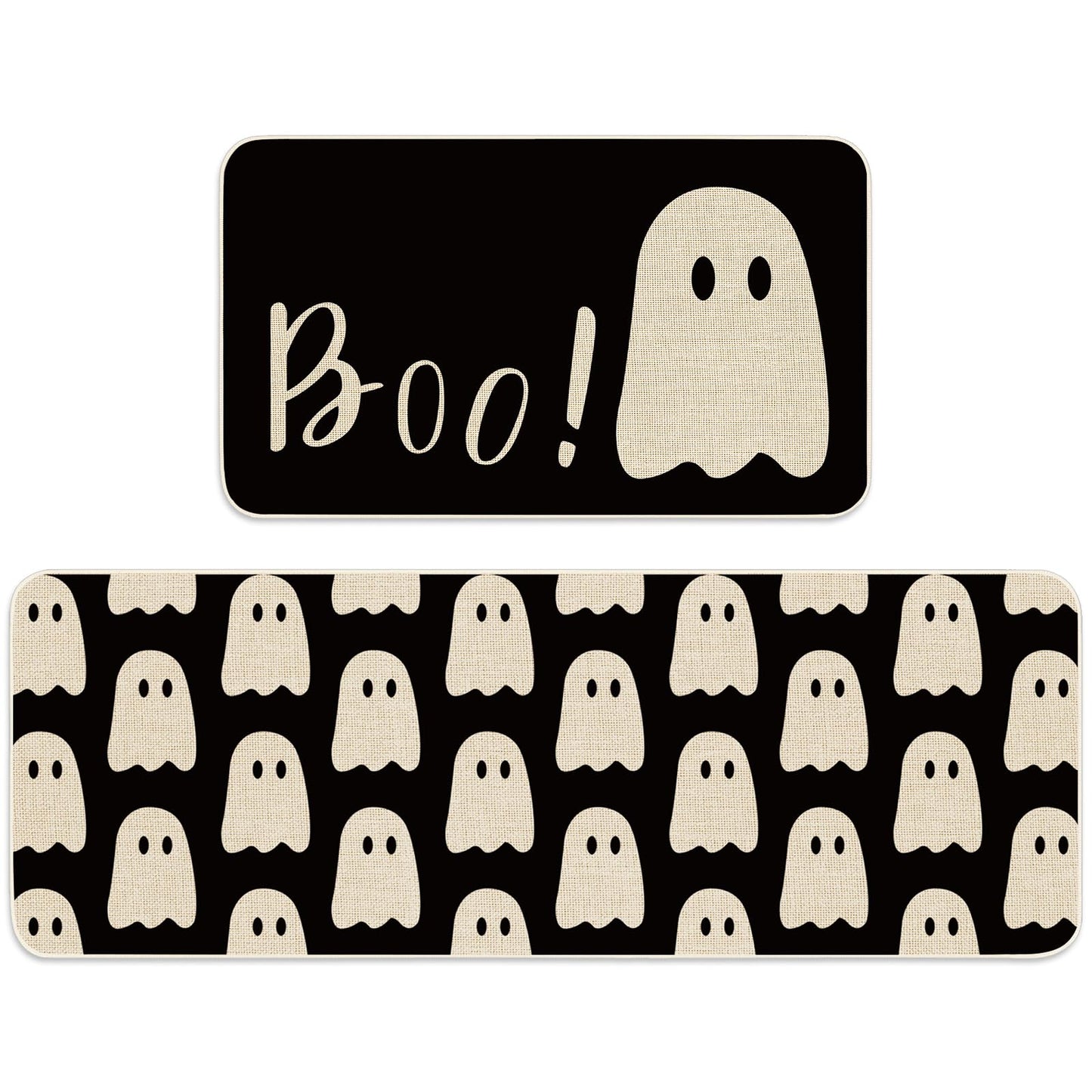 FYSUIMU Halloween Ghost Kitchen Rugs Set of 2 Black Ghost Boo Kitchen Floor Mat Non-Slip Spooky Bathroom Rugs Cute Halloween Kitchen Decor for Party Home, 17 x 29 Inch & 17 x 47 Inch