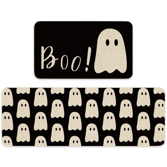 FYSUIMU Halloween Ghost Kitchen Rugs Set of 2 Black Ghost Boo Kitchen Floor Mat Non-Slip Spooky Bathroom Rugs Cute Halloween Kitchen Decor for Party Home, 17 x 29 Inch & 17 x 47 Inch