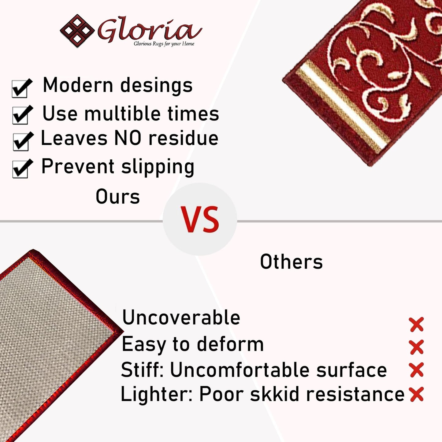 Gloria Non Slip Rubber Back Pet Friendly Floral Design Carpet Stair Treads Stairway mats (13, RED)
