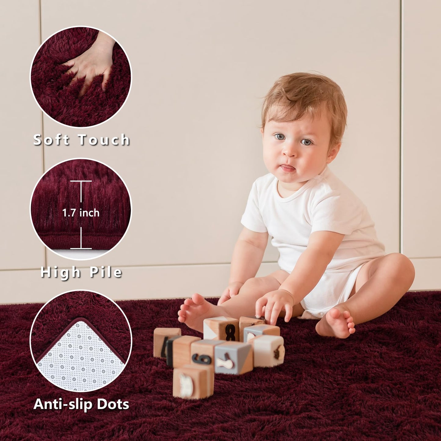 Nuttumico Fluffy Burgundy Red Rug Carpet for Bedroom Living Room, 4x6 Feet High Pile Area Rugs for Boys Kids Girls Decor, Soft Shaggy Plush Cute Floor Rug for Nursery Dorm, Non-Slip