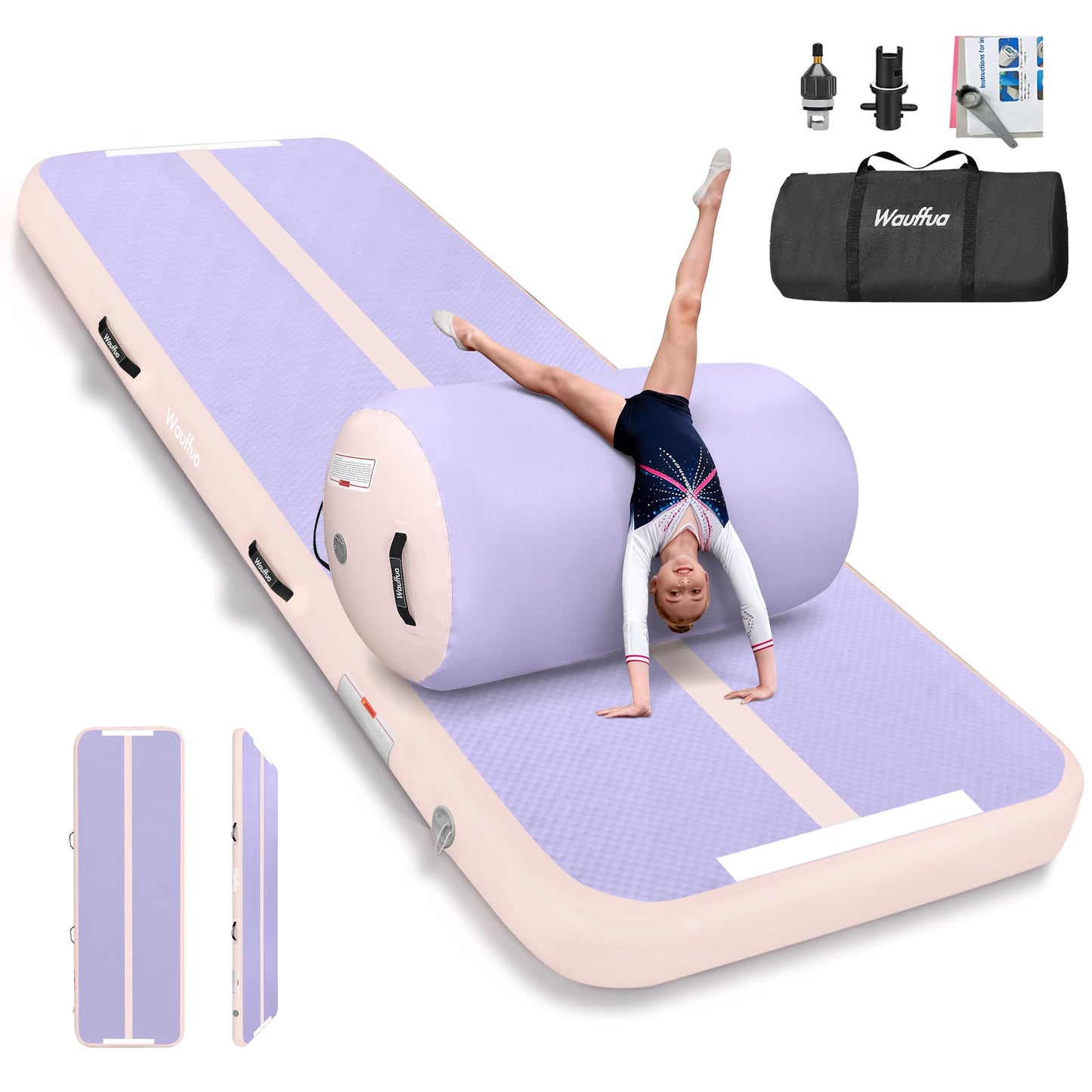 Wauffua Inflatable Gymnastics Mat with Tumbling Air Barrel Roller, 10/13 ft Tumble Track, 3.3 ft x 2 ft Octagon Mat for Home, Gym, Without Pump