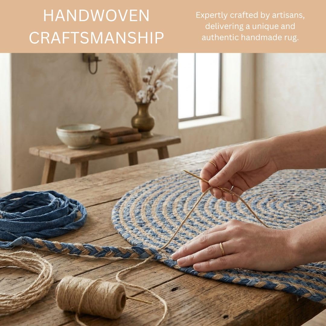 WeWove Hand Woven Area Rug 6 Feet Round - Jute Denim Area Rug Rustic Farmhouse Boho Accent Rug for Living Room Bedroom Kitchen Dorm Entryway Hallway - Handcrafted Floor Rug