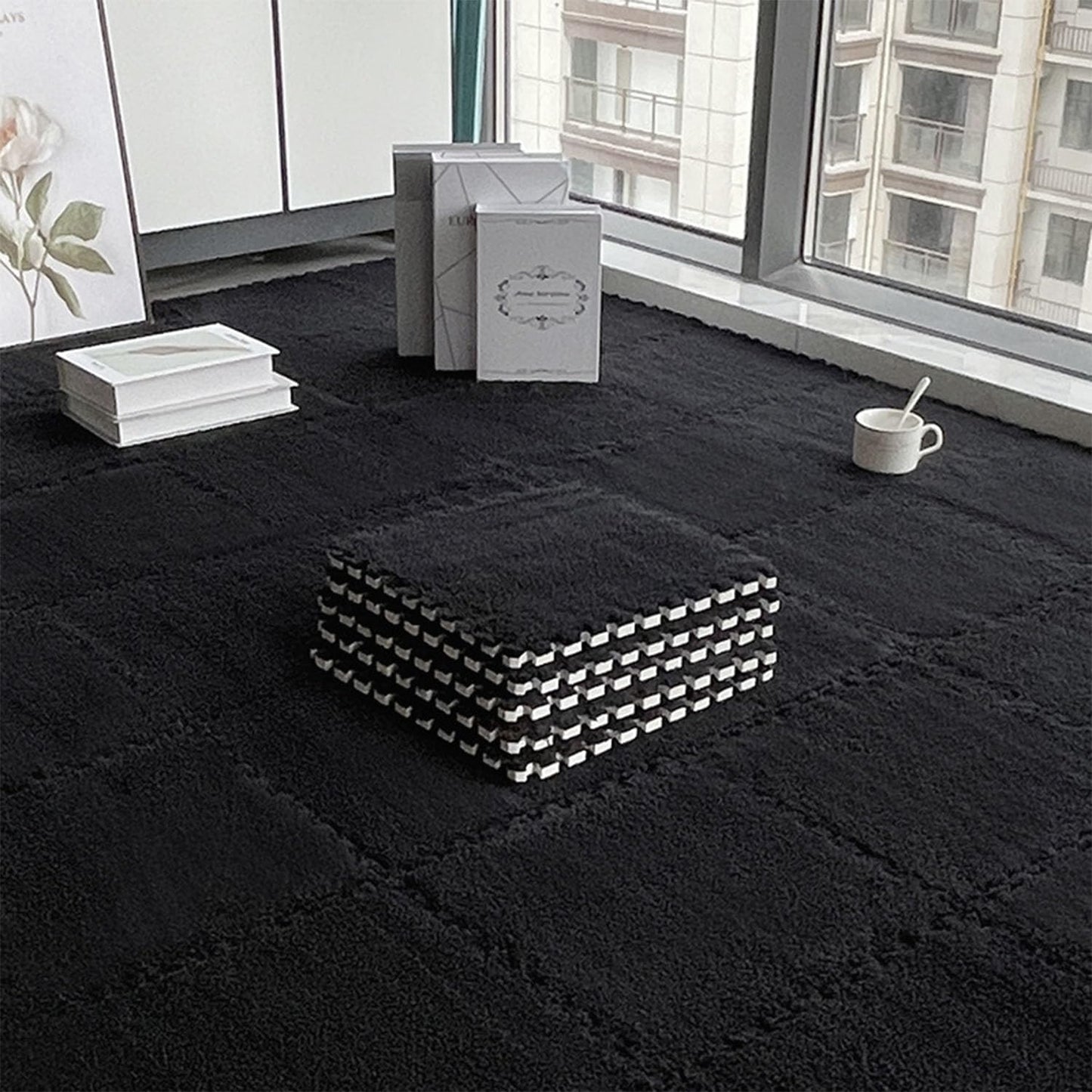 12 Pcs Carpet Foam Floor Tiles Kids Play Mat Plush Interlocking Carpet Tiles Anti-Slip Soft Protect Baby Foam Mats Replaceable Washable Puzzle Floor Mats for Playroom, Bedroom, Home Decor, 49" x 37"