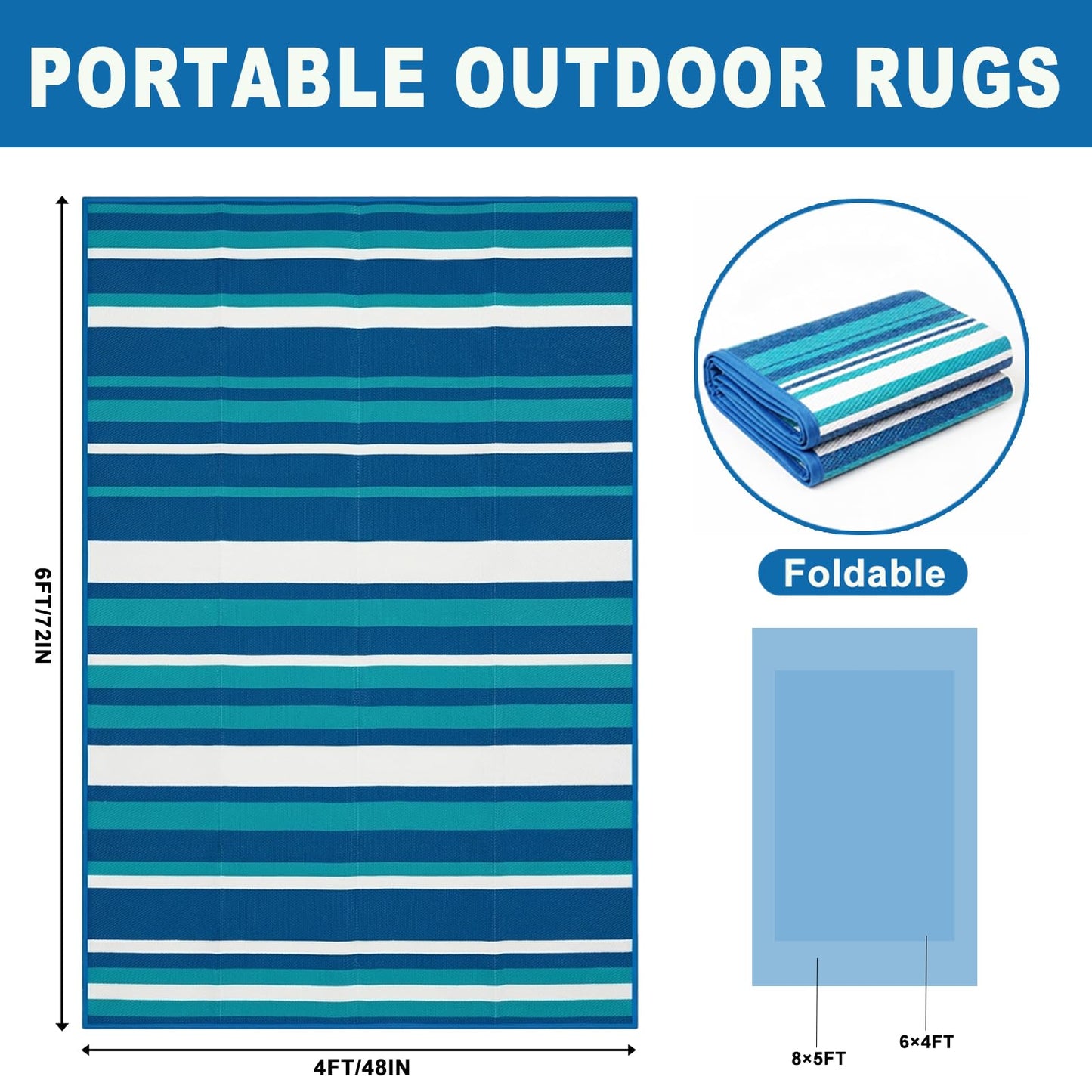 LANVIA Outdoor Rug Camping Essentials - 4x6 FT Outdoor Plastic Straw Rug for Patio Clearance, Waterproof RV Essentials Outside Area Rug for Deck Garden, Backyard Patio Furniture Set, Blue White