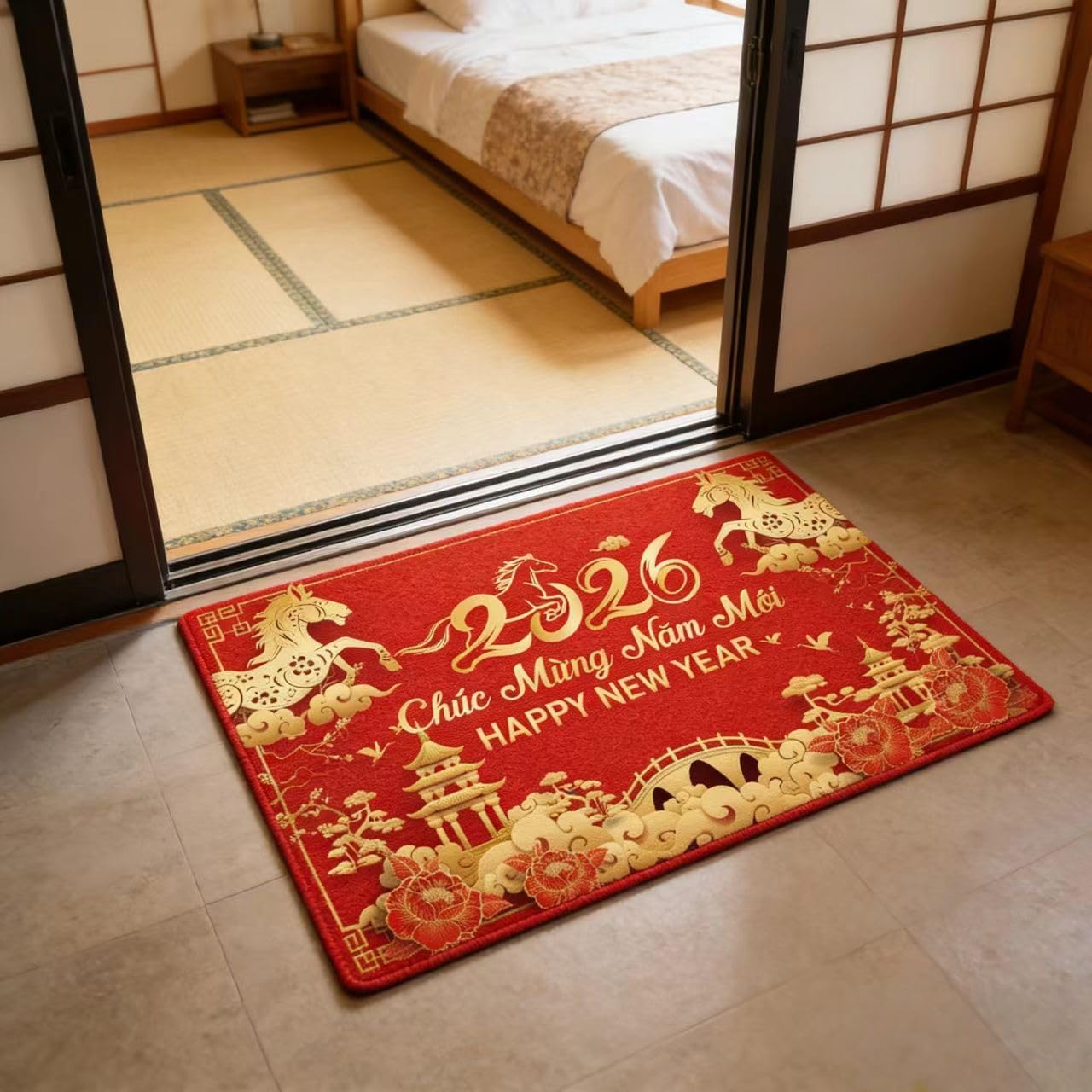 KYMY 2026 Vietnamese New Year Floor Mat – 35.4 x 23.6 inch Spring Festival Anti-Slip Welcome Door Rug for Tết Việt NAM, Diatomaceous Earth Bath Mat for Vietnam Lunar New Year Home Decorations