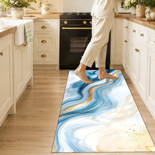 Needa One Kitchen Mat 19.7 x 47.2 Inch Non Slip Kitchen Runner Rug Blue Gold Marble Long Floor Mat for Sink Laundry Hallway Decor
