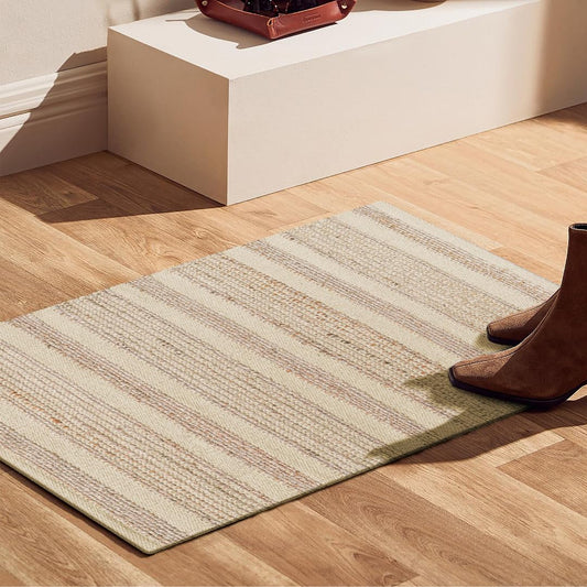 CottonCove Area Rug Farmhouse 2x3 Feet - Hand Woven Jute Cotton Rug Bohemian Rustic Vintage - Non Slip Floor Rug for Bedroom Living Room Kitchen Dorm Entryway Hallway - Area Rug Natural
