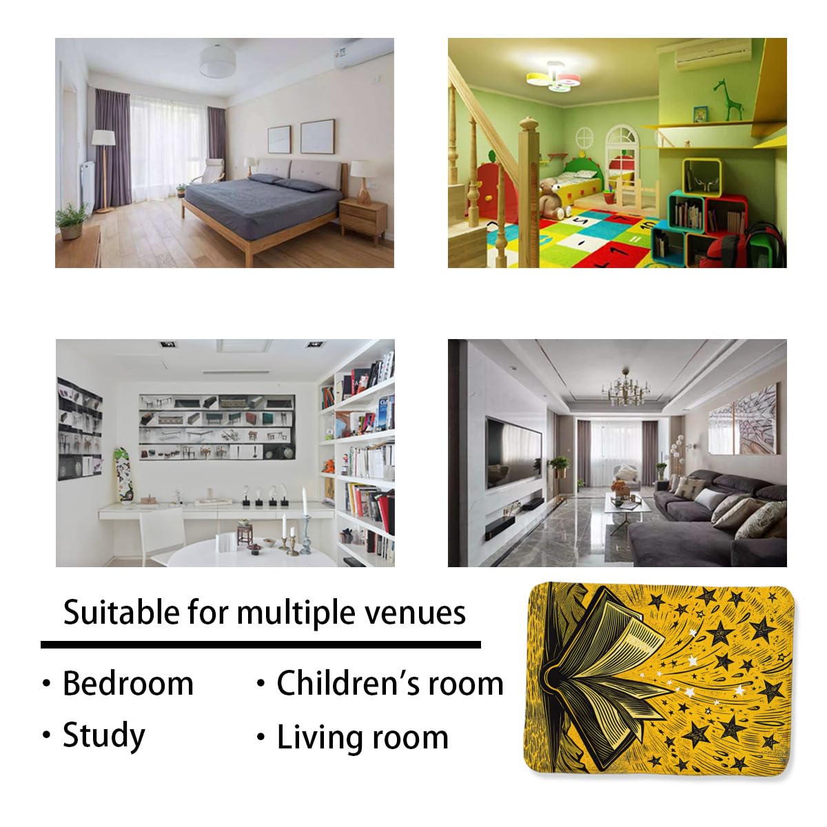 LUCKY&DONG Books and Stars Non Slip Area Rug for Living Dinning Room Bedroom Kitchen Hallway Office Modern Home Decorative 2'x3'