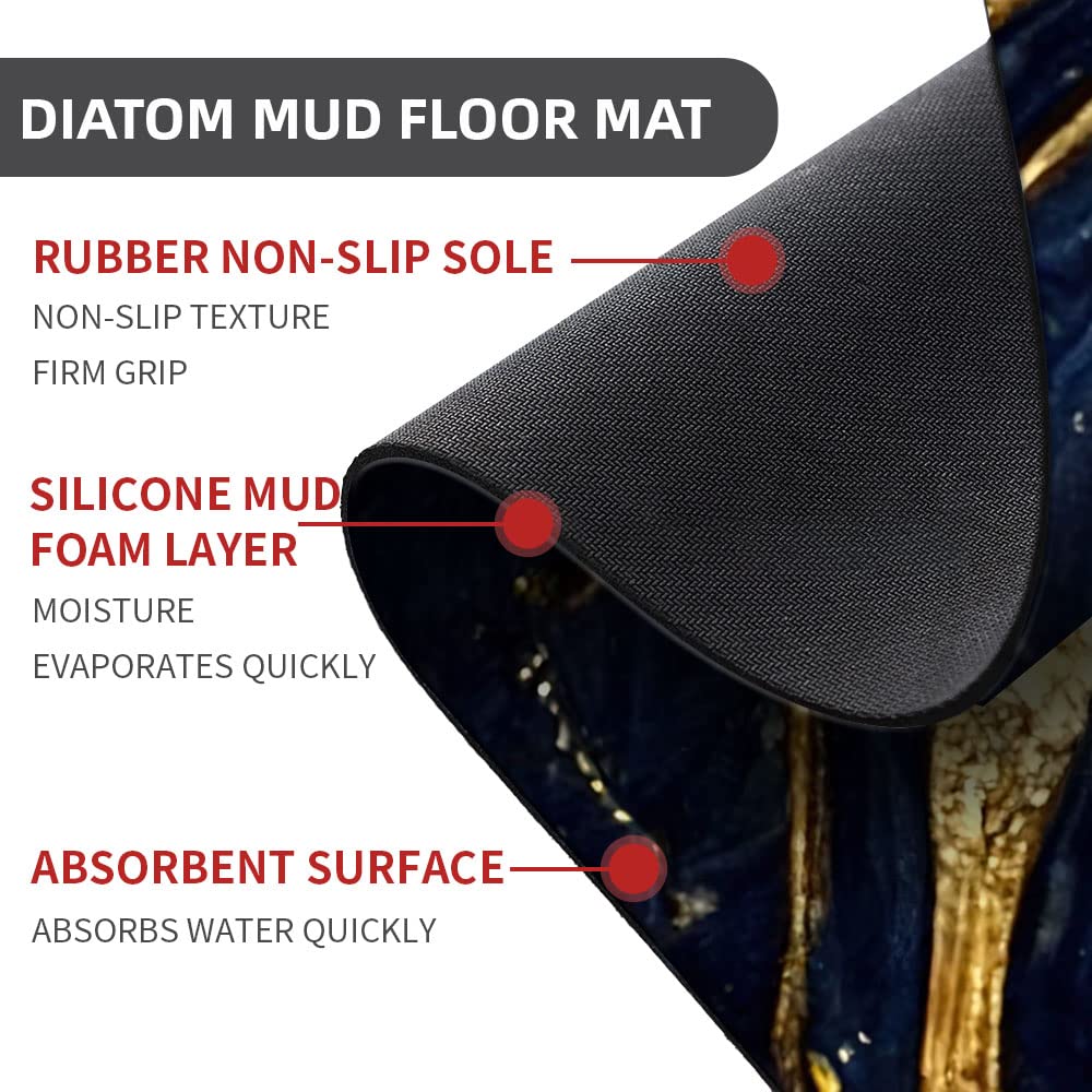 ZHUZHISHAN Diatomaceous Earth Bath Mat,Blue and Gold Marble Texture Non-Slip Volume Super Absorbent Fast Drying for Bathroom Kitchen Door mat,Eco-Friendly Easy to Clean 16×24Inch (40 * 60cm)