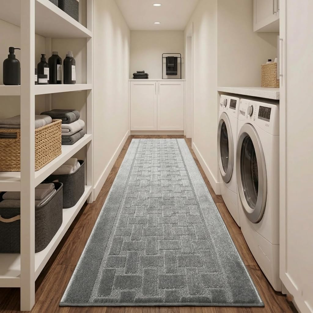 Runner Rug 8 ft, Non-Slip Washable Rug, Grey Textured Carpet for Kitchen Hallway Laundry Entryway, Rubber Backing, Indoor, Rolled in Box (26" x 8'), Custom Size Floor Runner