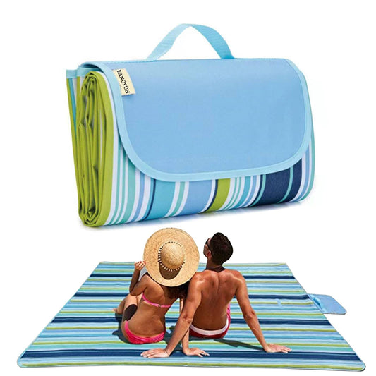 K Y KANGYUN Picnic Blanket | Beach Mat| Picnic Blankets for Indoor and Outdoor, 80" x 60" Sandproof Waterproof Larger Mats for Travel, Camping, Hiking, Park Grass, Handy Tote, Foldable (Blue Line)