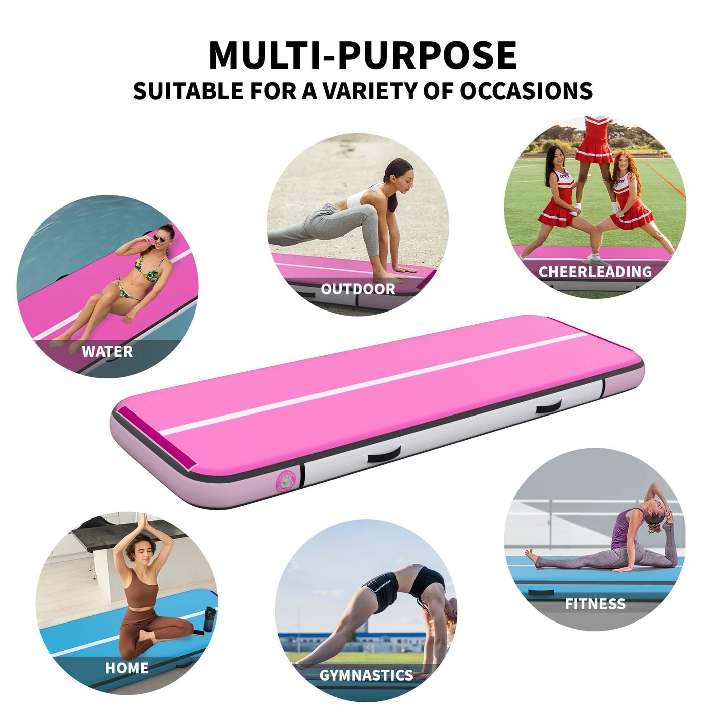 Inflatable Gymnastics Mat Tumble Track (8 Inches Thick) - 10ft Air Floor Training Mats for Home Use, Cheerleading, Water Fun & Camping - Includes 500W Electric Pump & Carbon Pattern Design, Pink