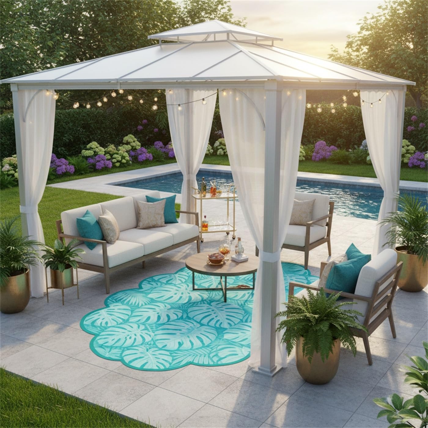 Monstera Palm Leaf 2x3 Outdoor Waterproof Area Rug for Porch Patio Deck Camping Teal Tropical Plant Scalloped Irregular Shaped Rugs Non Slip Thin Washable Veranda Front Yard Foyer Carpet Outside Mat