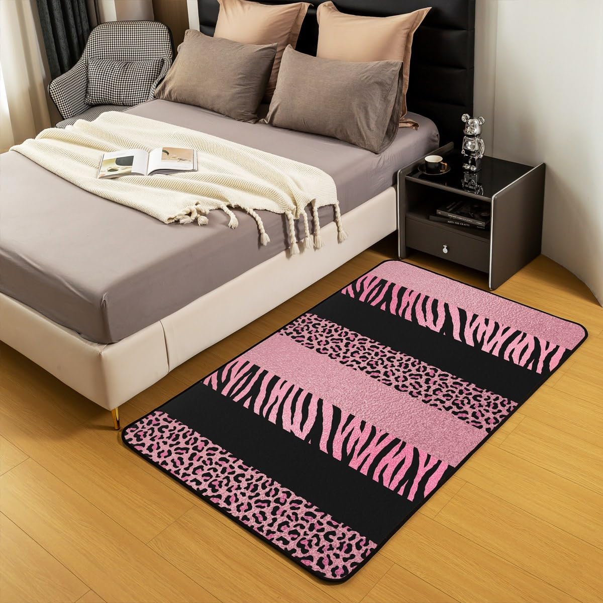 Castle Fairy Pink Leopard Print Area Rug 3x5 Wild Animal Zebra Skin Texture Decor Non Slip Rug for Girls Women Adults Black Geometric Stripes Western Style Indoor Floor Mat for Office Bedroom