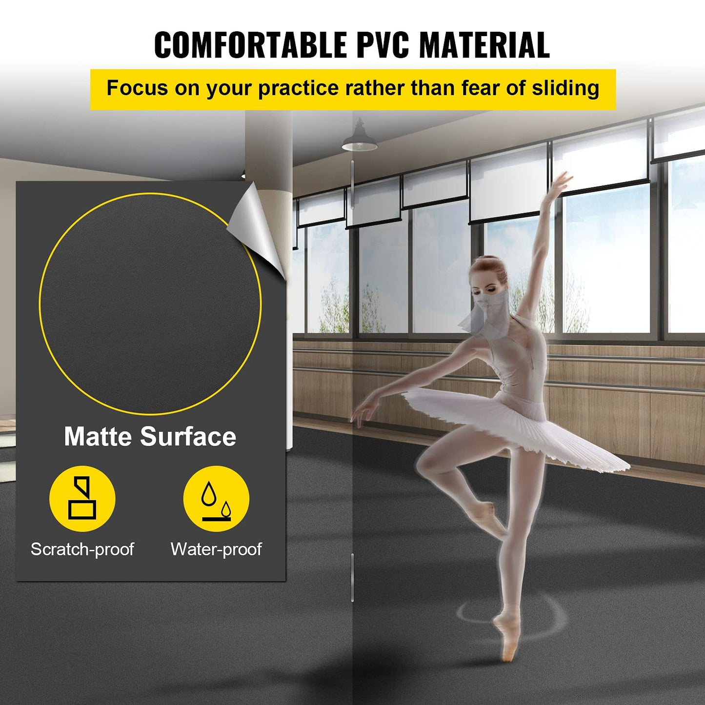 VEVOR Dance Floor 6.6x3.9ft, Portable Dance Mat 0.06in Thick PVC Vinyl Dance Floor Roll Black/Grey Reversible Marley Dance Practice Floor, Non-Slip Dance Flooring for Ballet Jazz Pop Lyrical Style