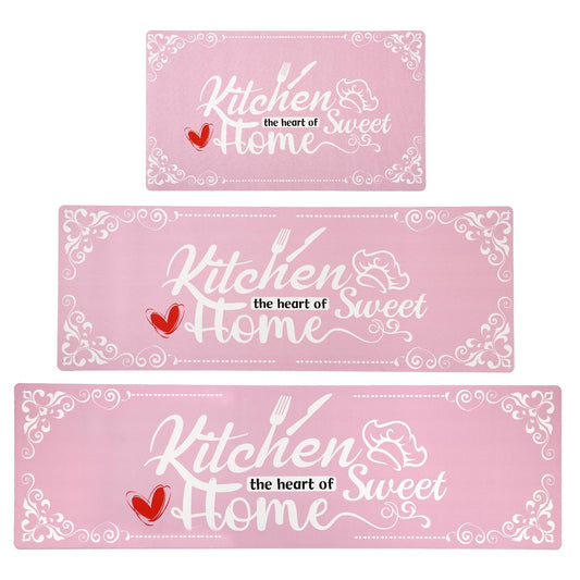 XLHOMO Pink Kitchen Mats for Floor 3 Pieces Set, Non Slip Cushioned Runners Waterproof Comfort Kitchen Rugs and Mats Farmhouse Chef Mat Carpet for Sink,Laundry Room